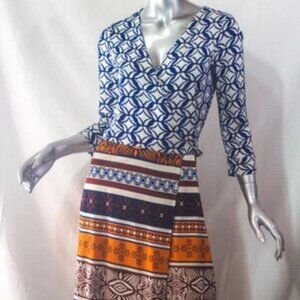 DIANE VON FURSTENBERG Julian Two Desert Band Blue Multi Silk Wrap Dress Size 8